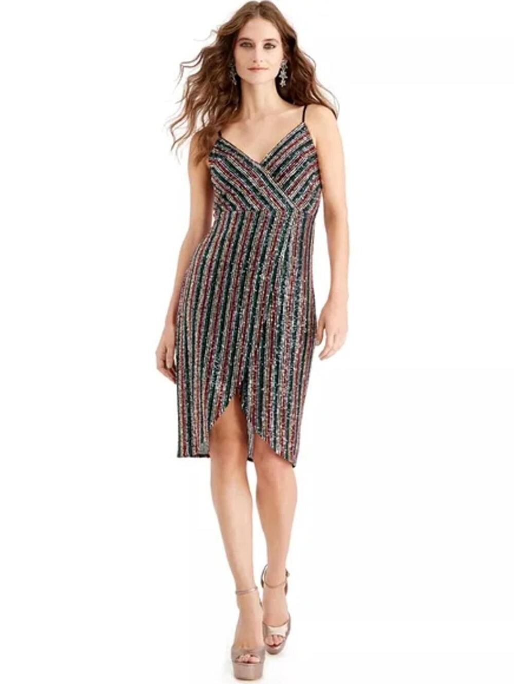 BETSEY JOHNSON Multi Color Stripe Sequin Faux Wrap Spaghetti Strap Dress - 10